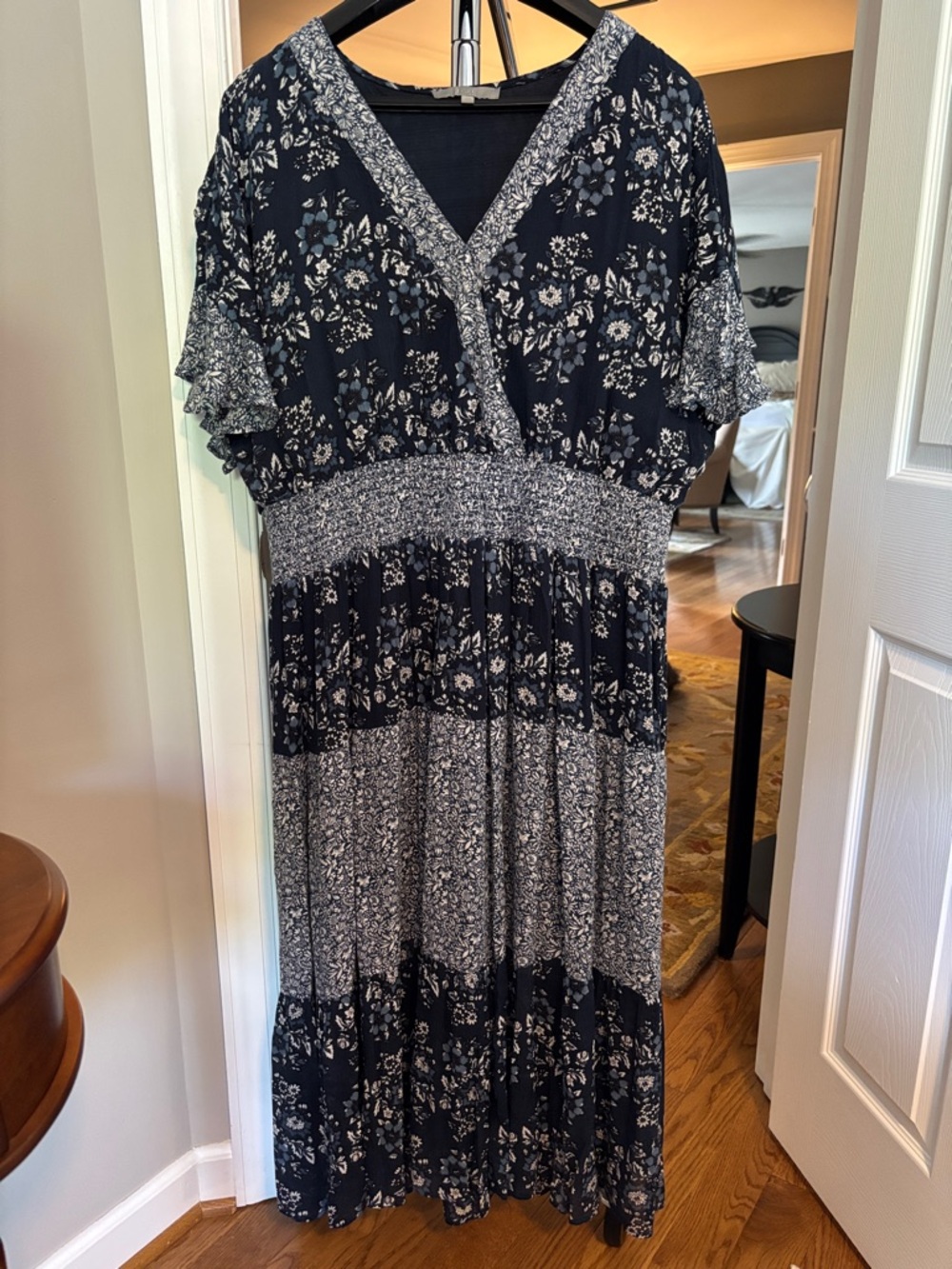 Navy Floral Midi Dress with Smocked Waist